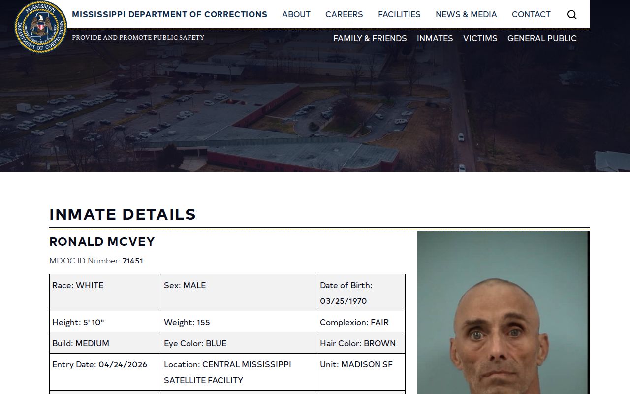 Mississippi Department of Corrections detail page showing a Tentative Release Date field